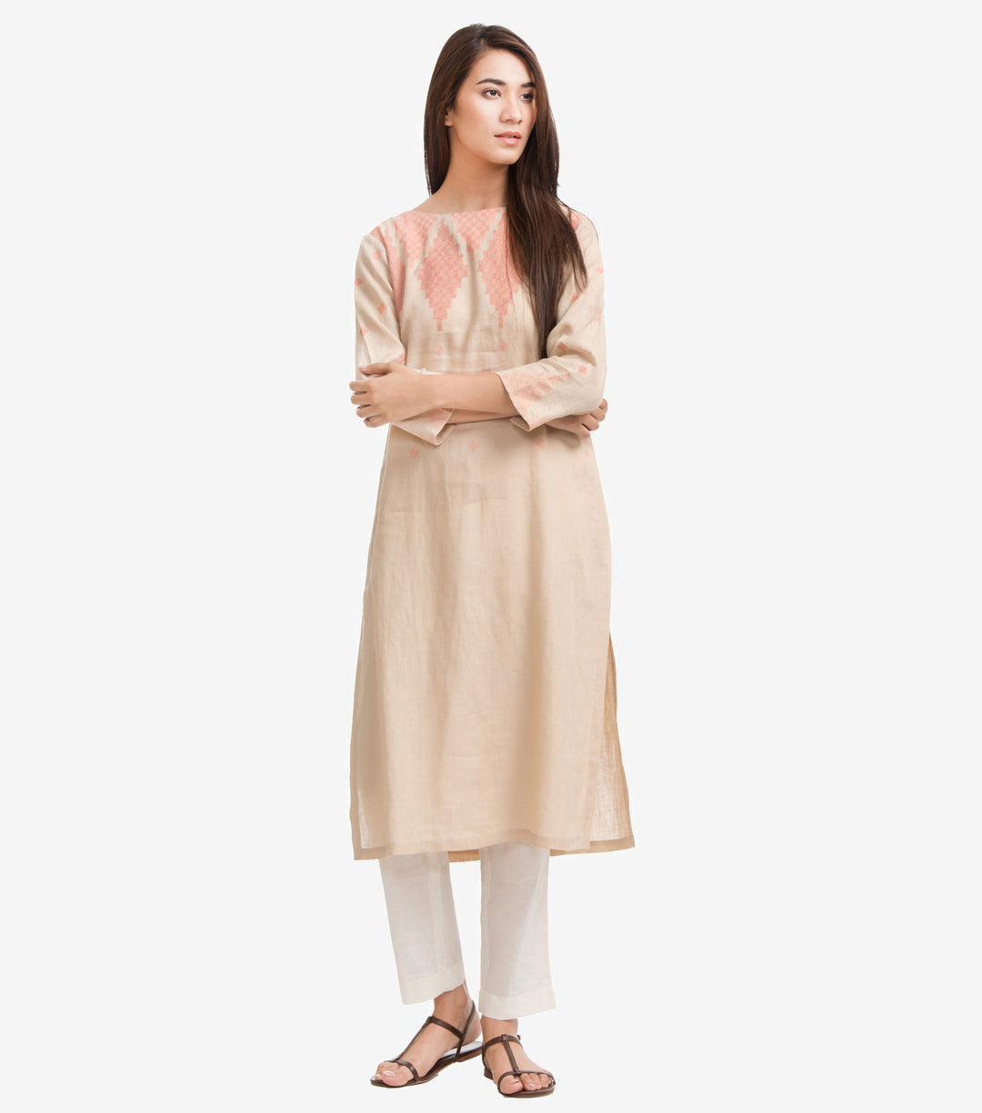 Beige Embroidered Kurta