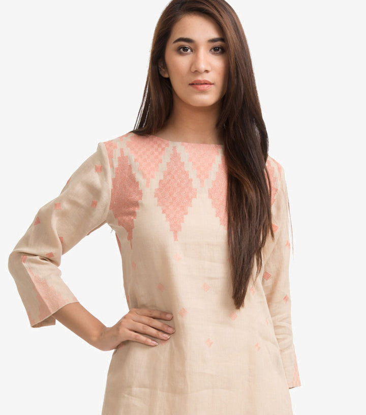 Beige Embroidered Kurta