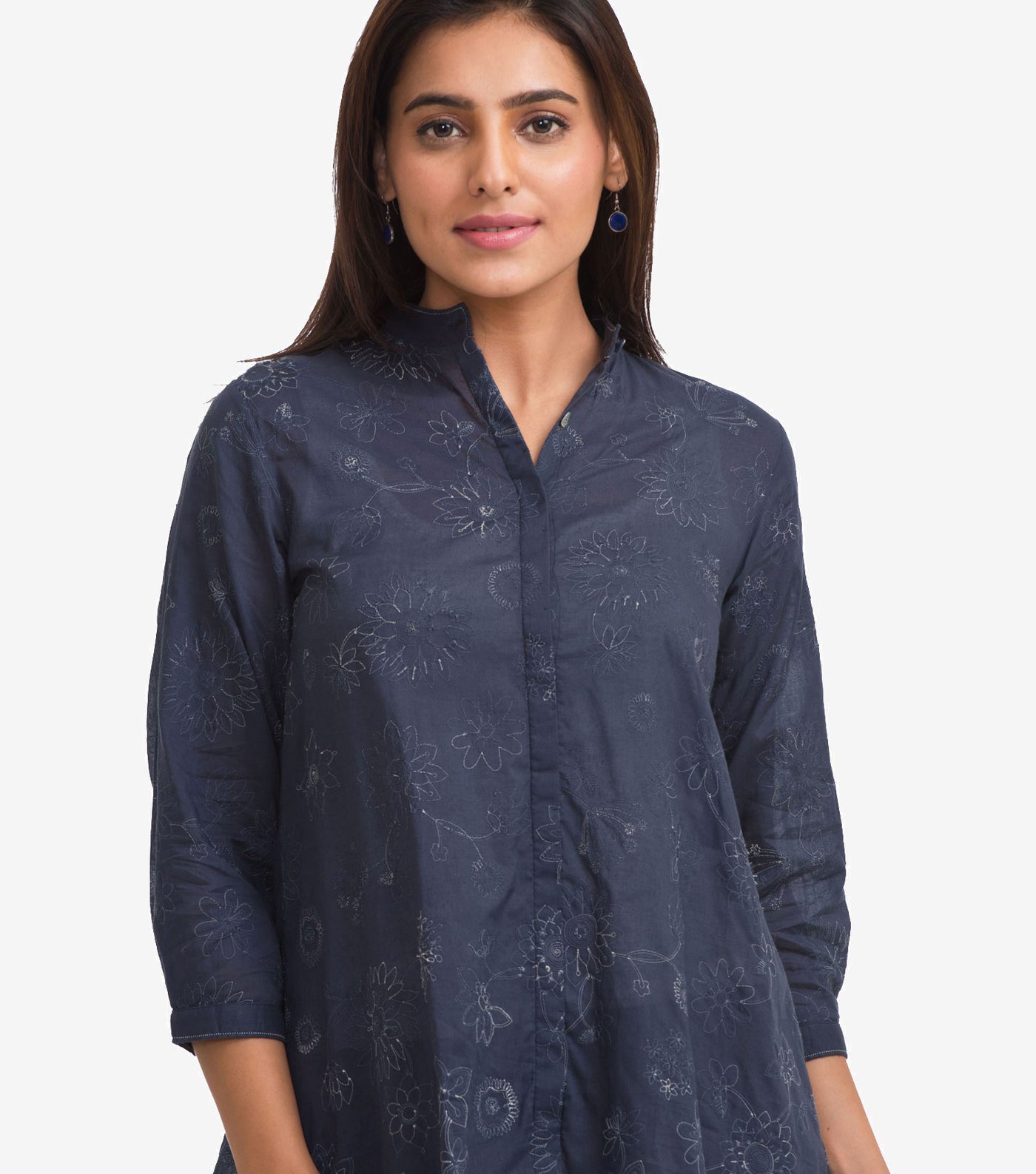 Blue Button Down Embroidered Cotton Shirt