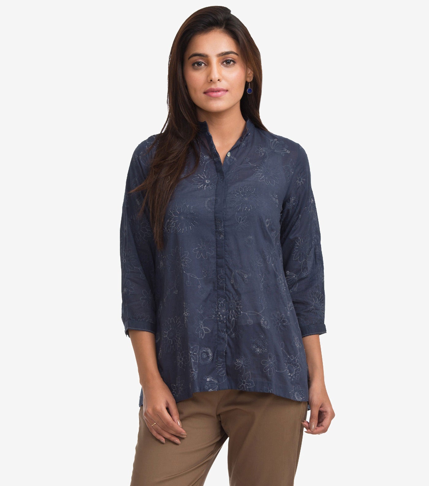 Blue Button Down Embroidered Cotton Shirt