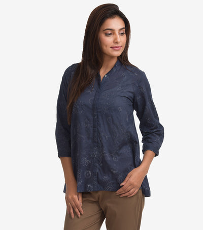 Blue Button Down Embroidered Cotton Shirt