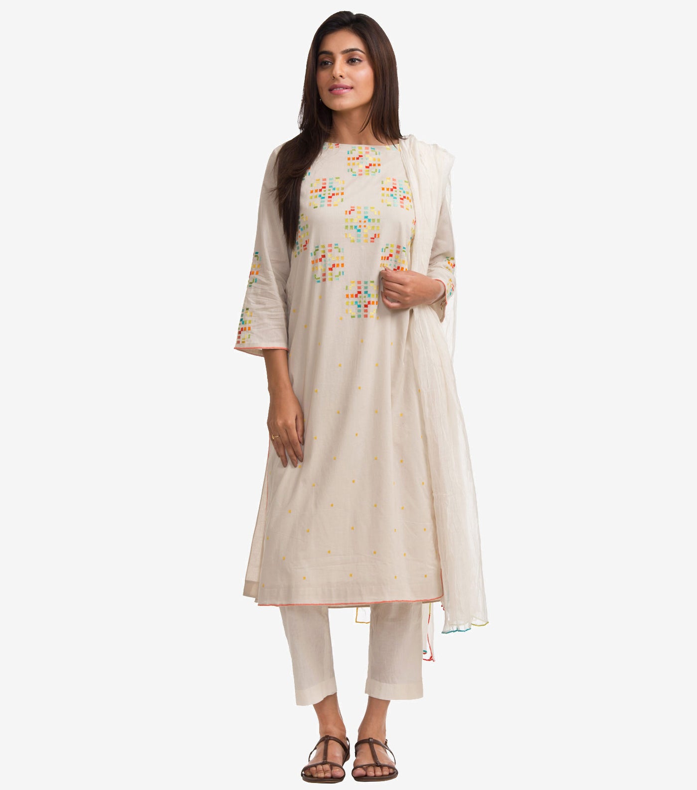 Ivory Embroidered Fine Cotton Suit Set