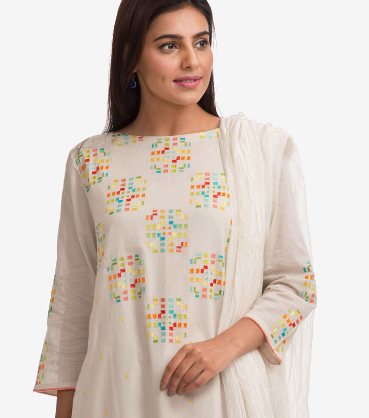 Ivory Embroidered Fine Cotton Suit Set