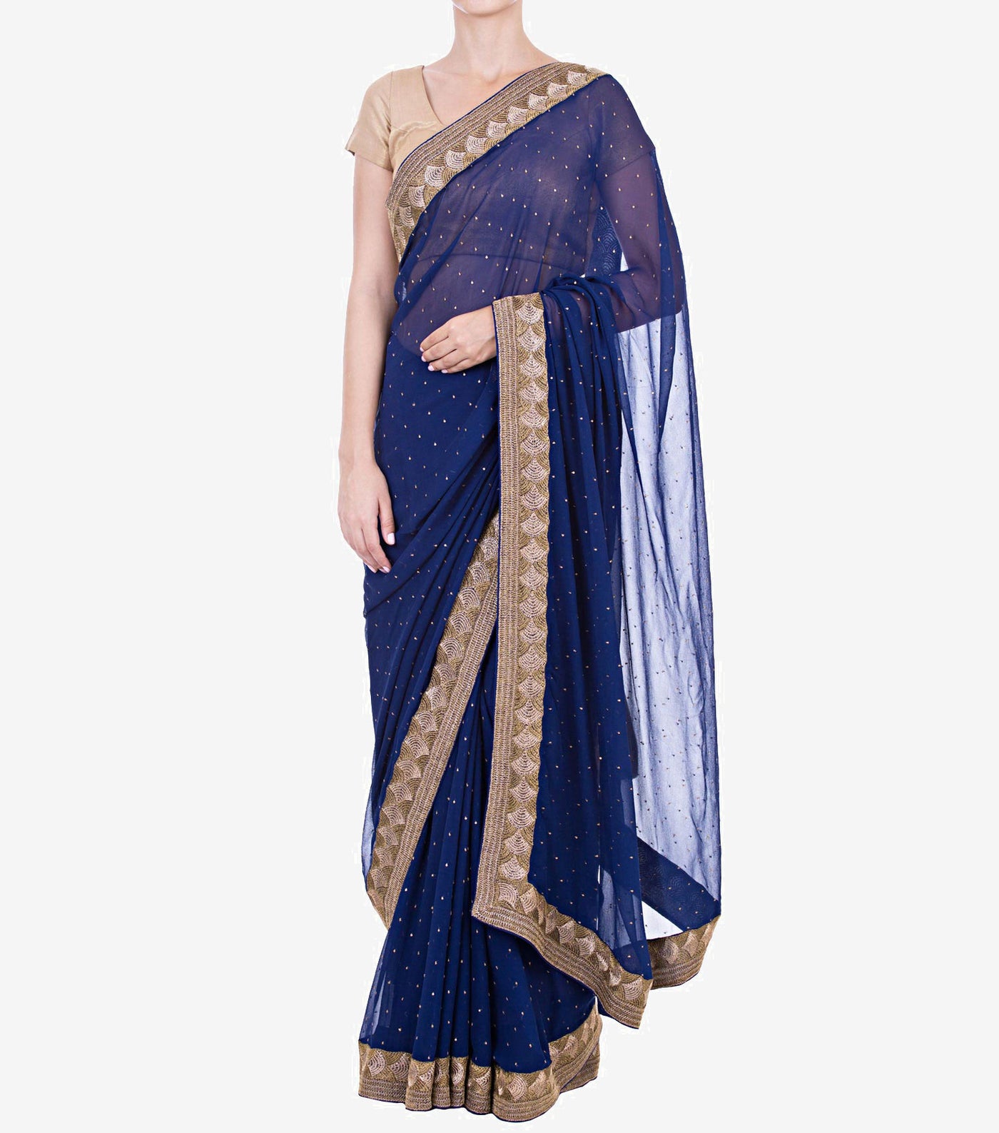 Dark blue Embroidered Silk & Georgette Saree