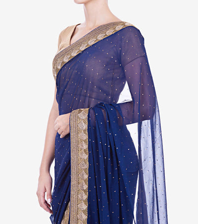 Dark blue Embroidered Silk & Georgette Saree