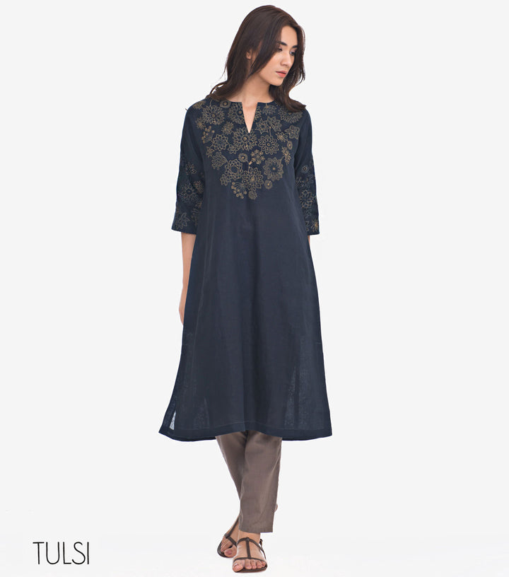 Navy Embroidered Cotton Linen Kurta