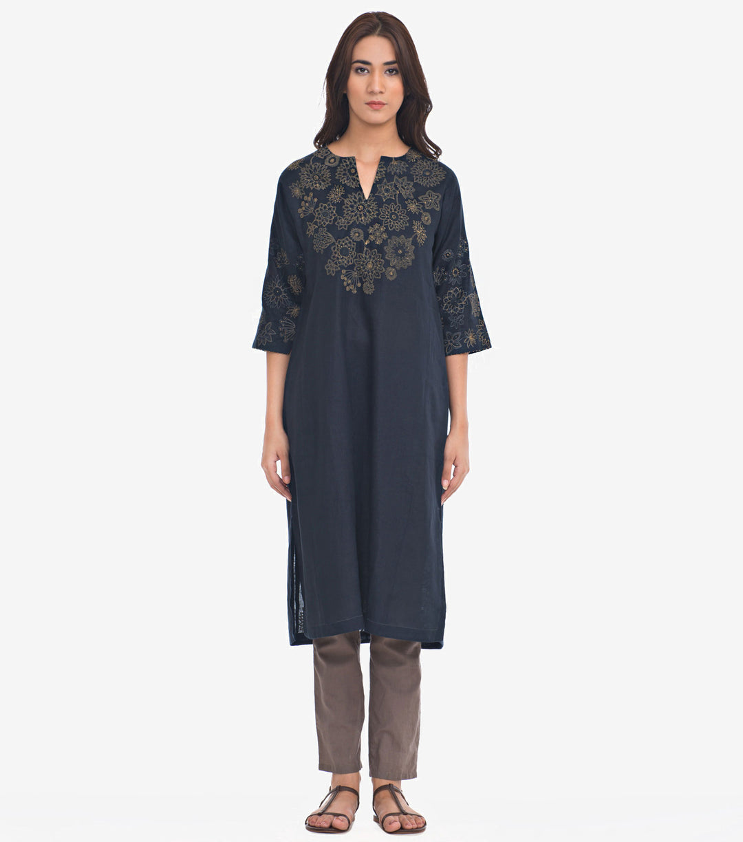Navy Embroidered Cotton Linen Kurta
