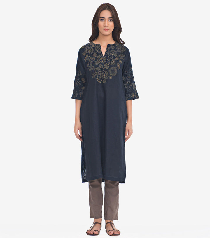 Navy Embroidered Cotton Linen Kurta