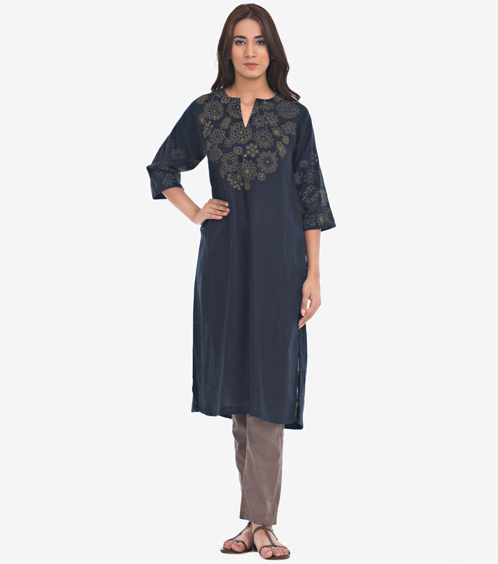 Navy Embroidered Cotton Linen Kurta