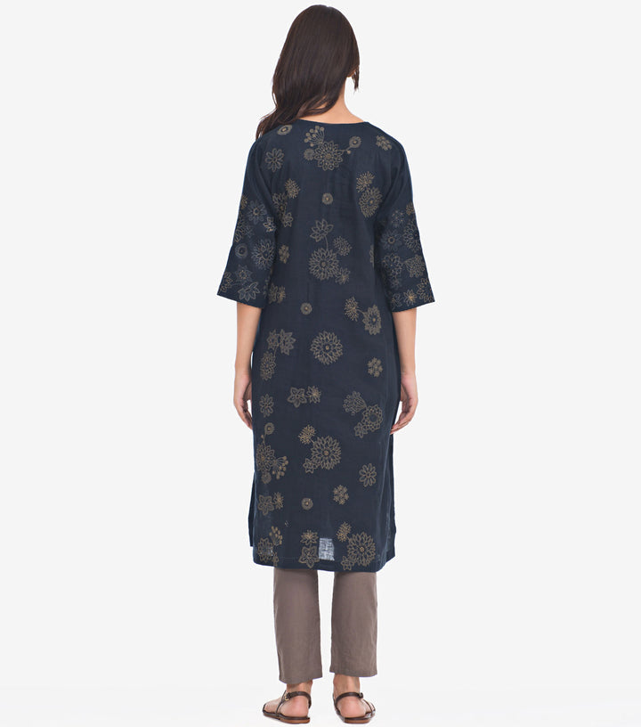 Navy Embroidered Cotton Linen Kurta