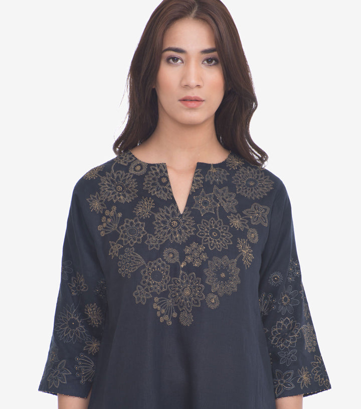 Navy Embroidered Cotton Linen Kurta