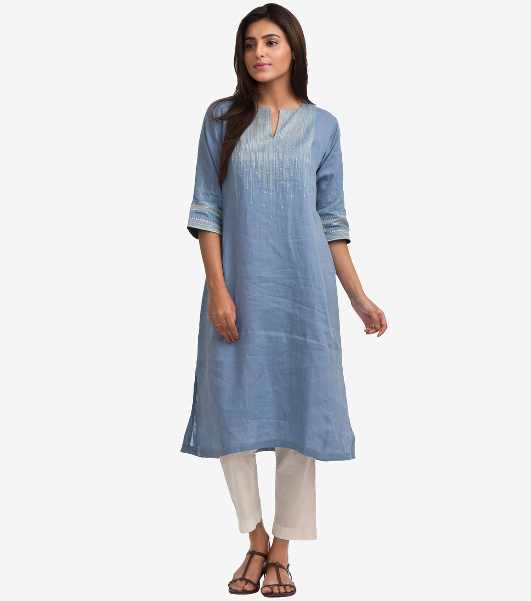 Blue Cotton Linen Embroidered Kurta
