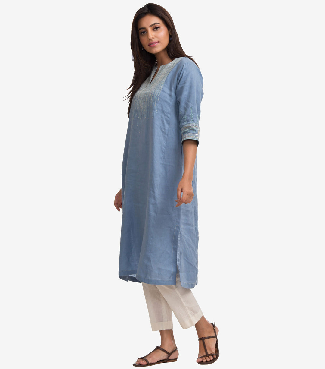 Blue Cotton Linen Embroidered Kurta