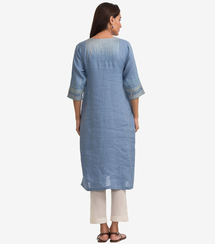 Blue Cotton Linen Embroidered Kurta