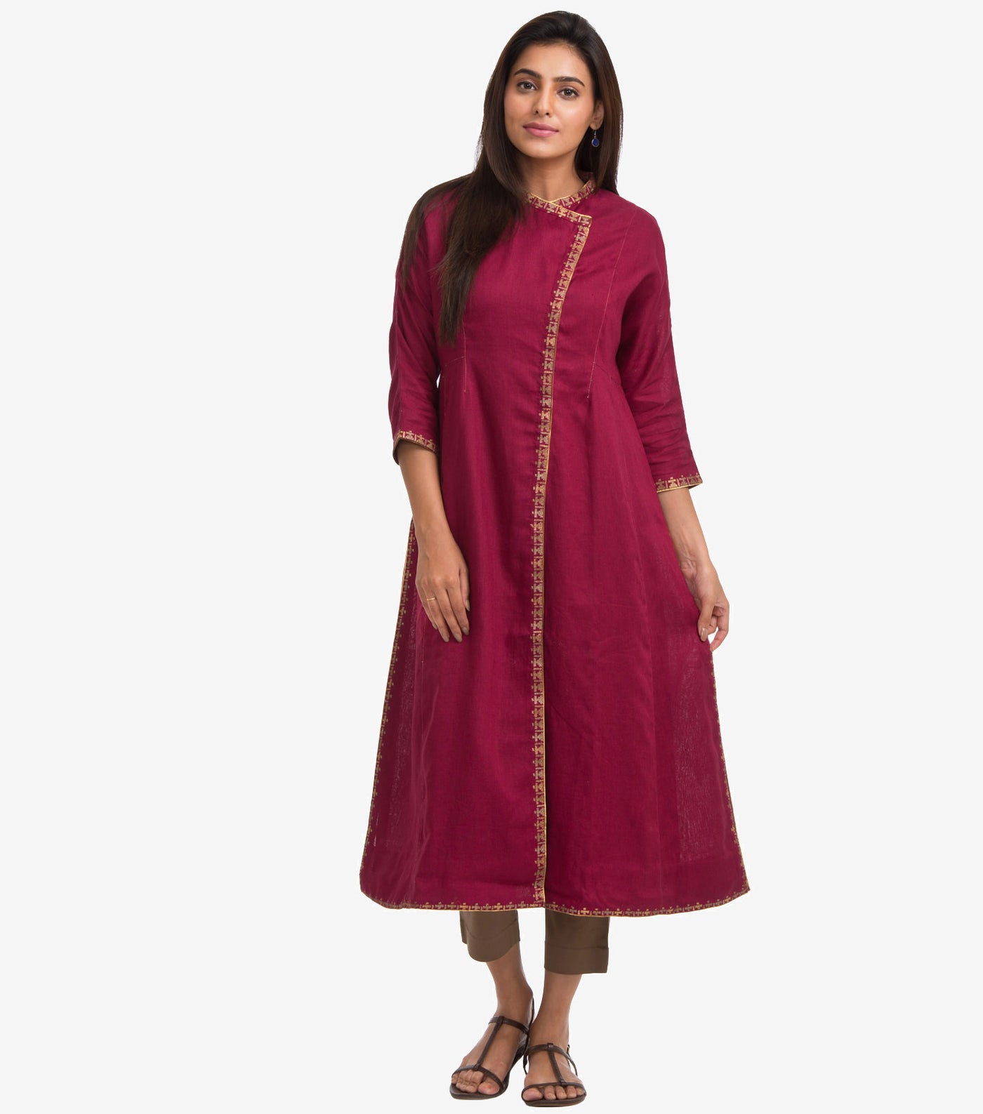 Maroon Linen Zari Embroidered Cape