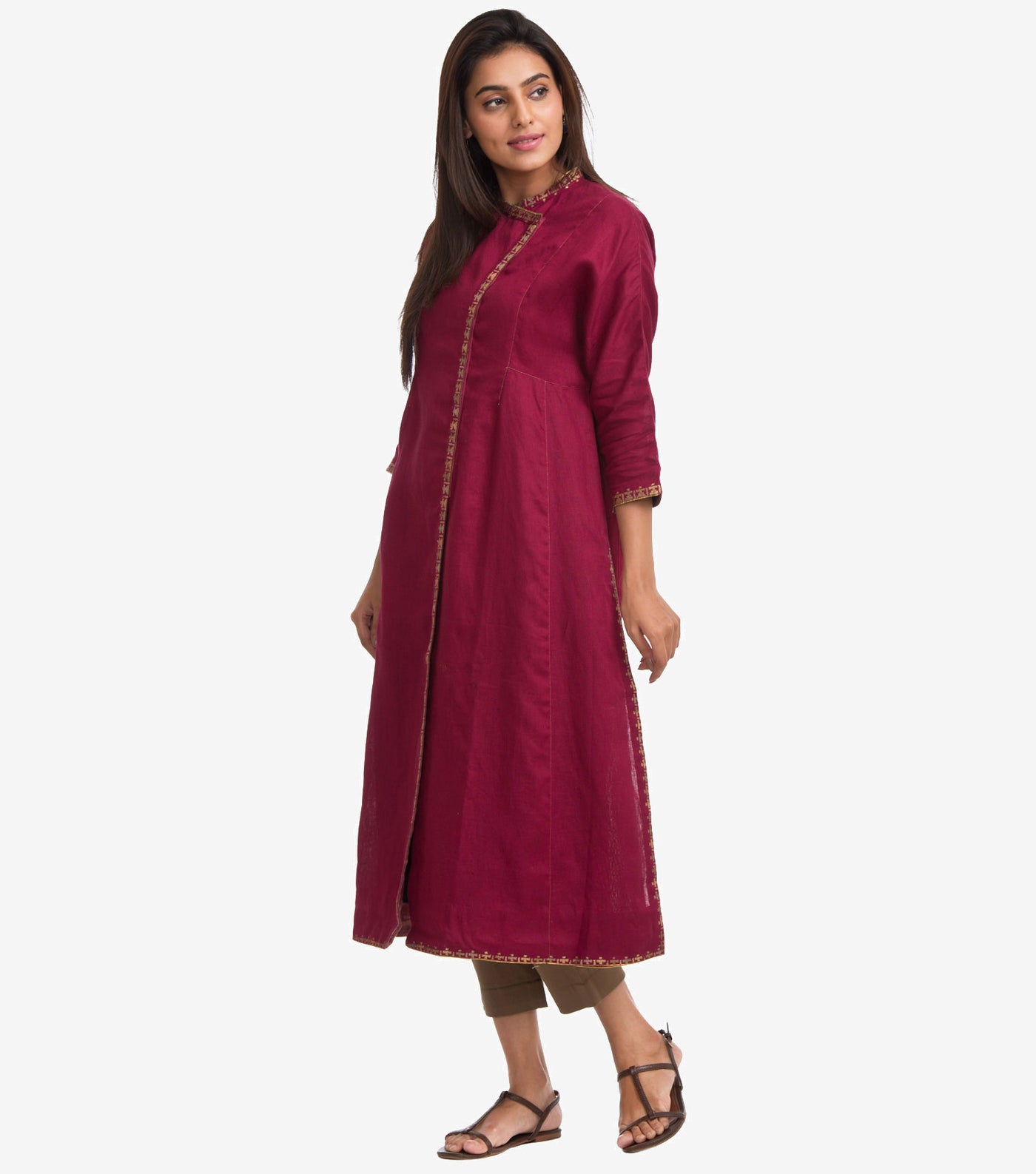 Maroon Linen Zari Embroidered Cape