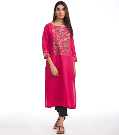 Pink embroidered linen kurta