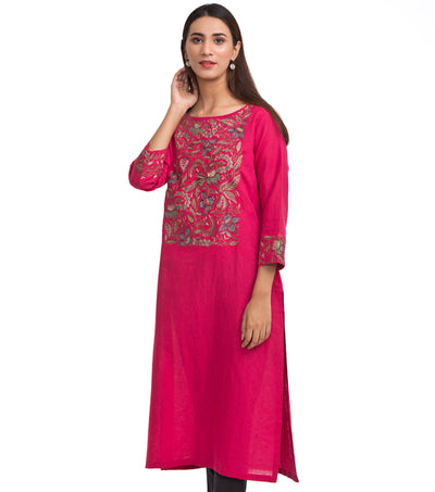 Pink embroidered linen kurta