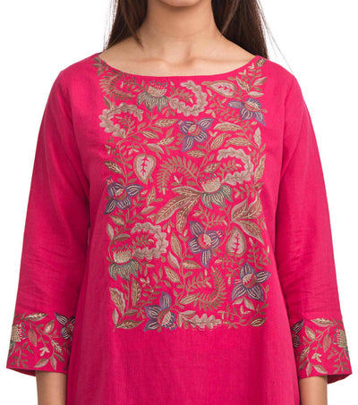 Pink embroidered linen kurta