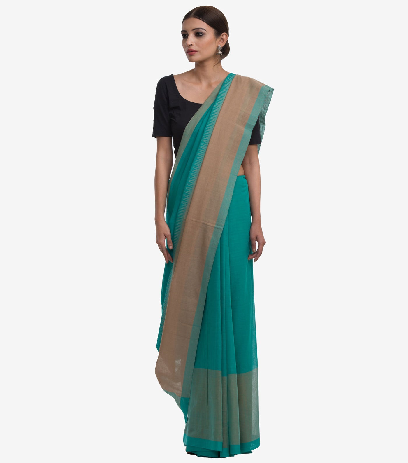 Teal green handwoven Cotton Jamdani Saree