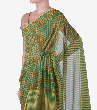 Green Handblock Printed Chiffon Saree