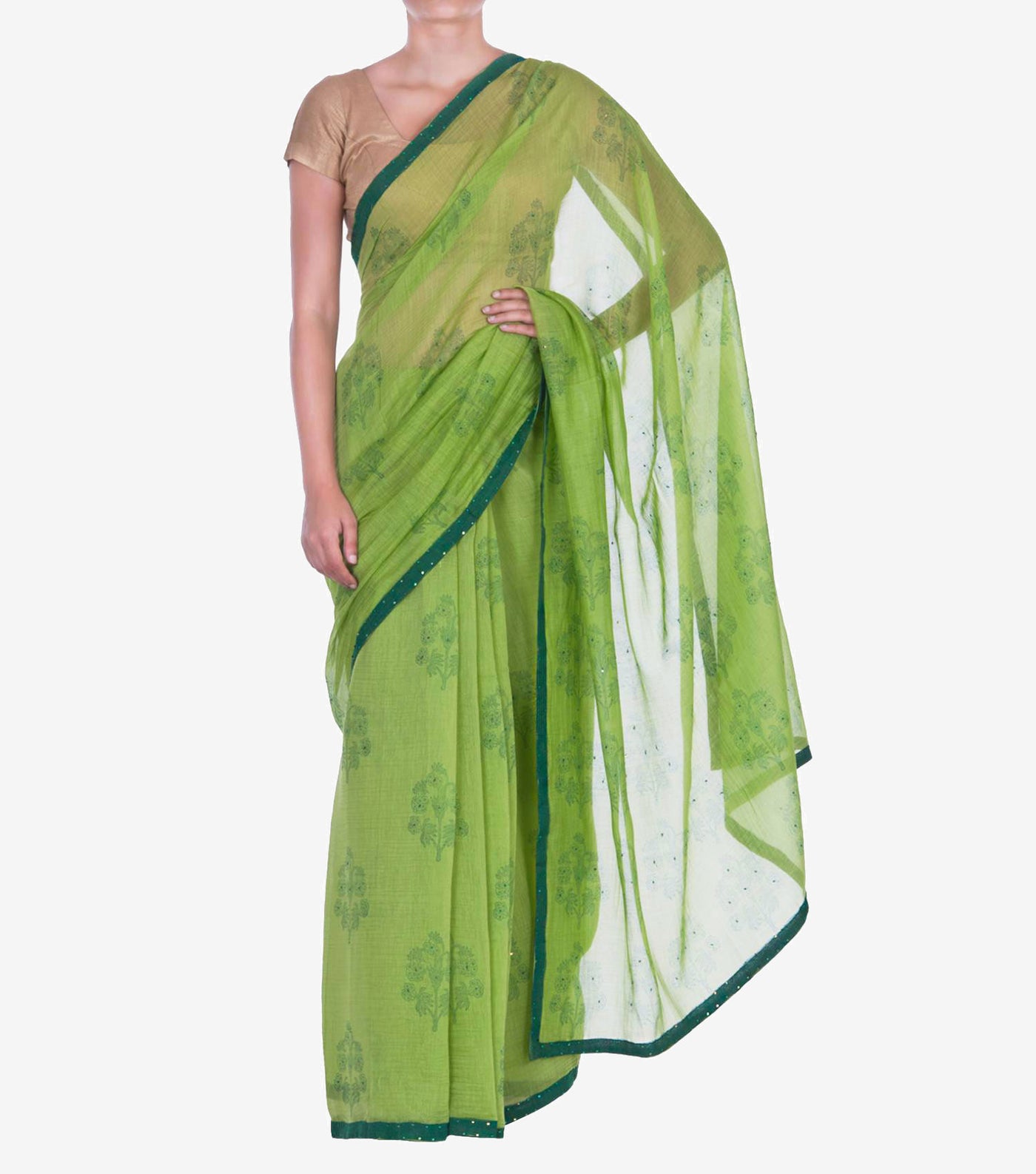 leaf green handblock Printed Chanderi Saree