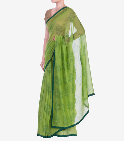 leaf green handblock Printed Chanderi Saree