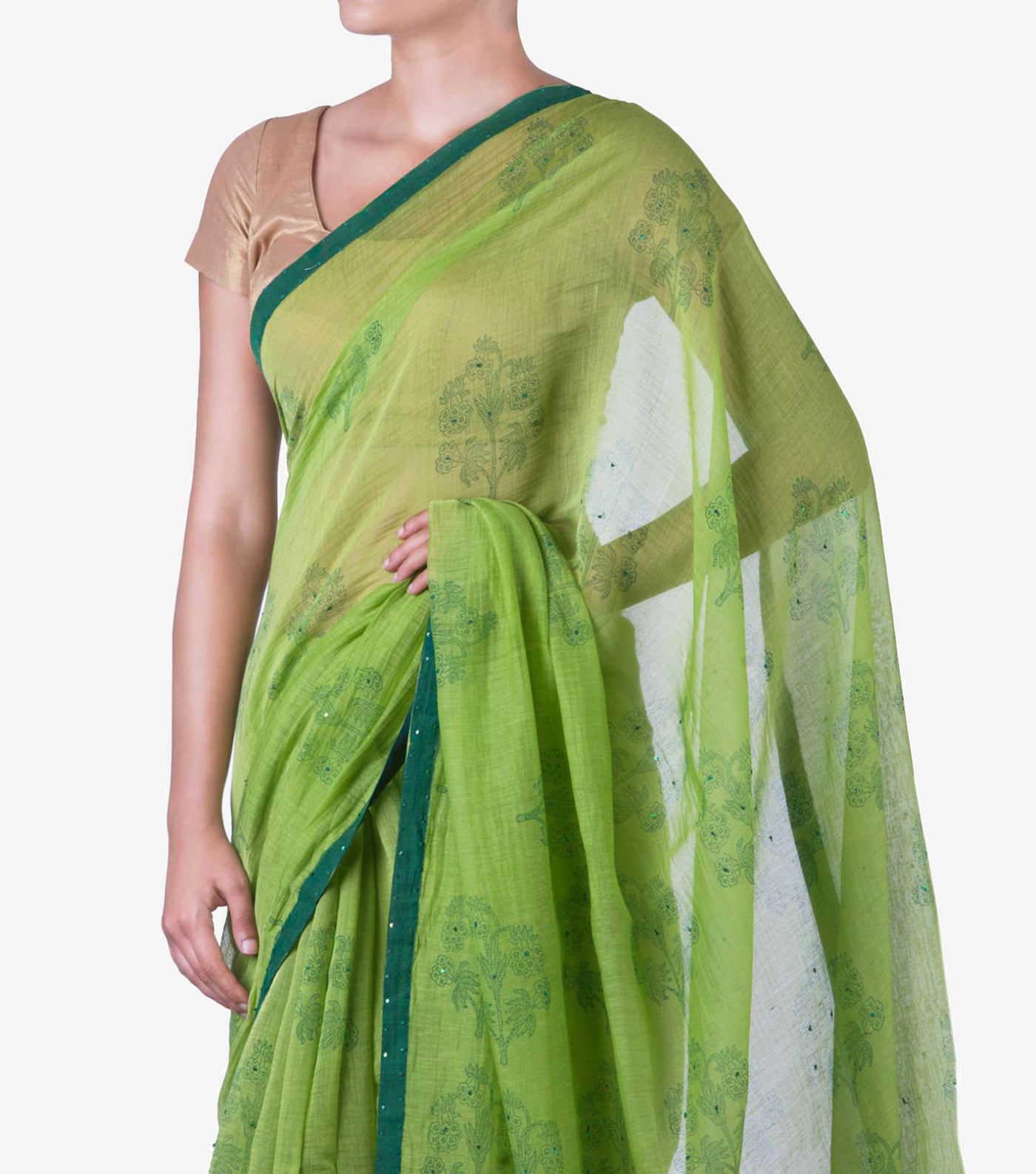 leaf green handblock Printed Chanderi Saree