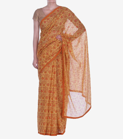 Orange Handblock Printed Chanderi Saree