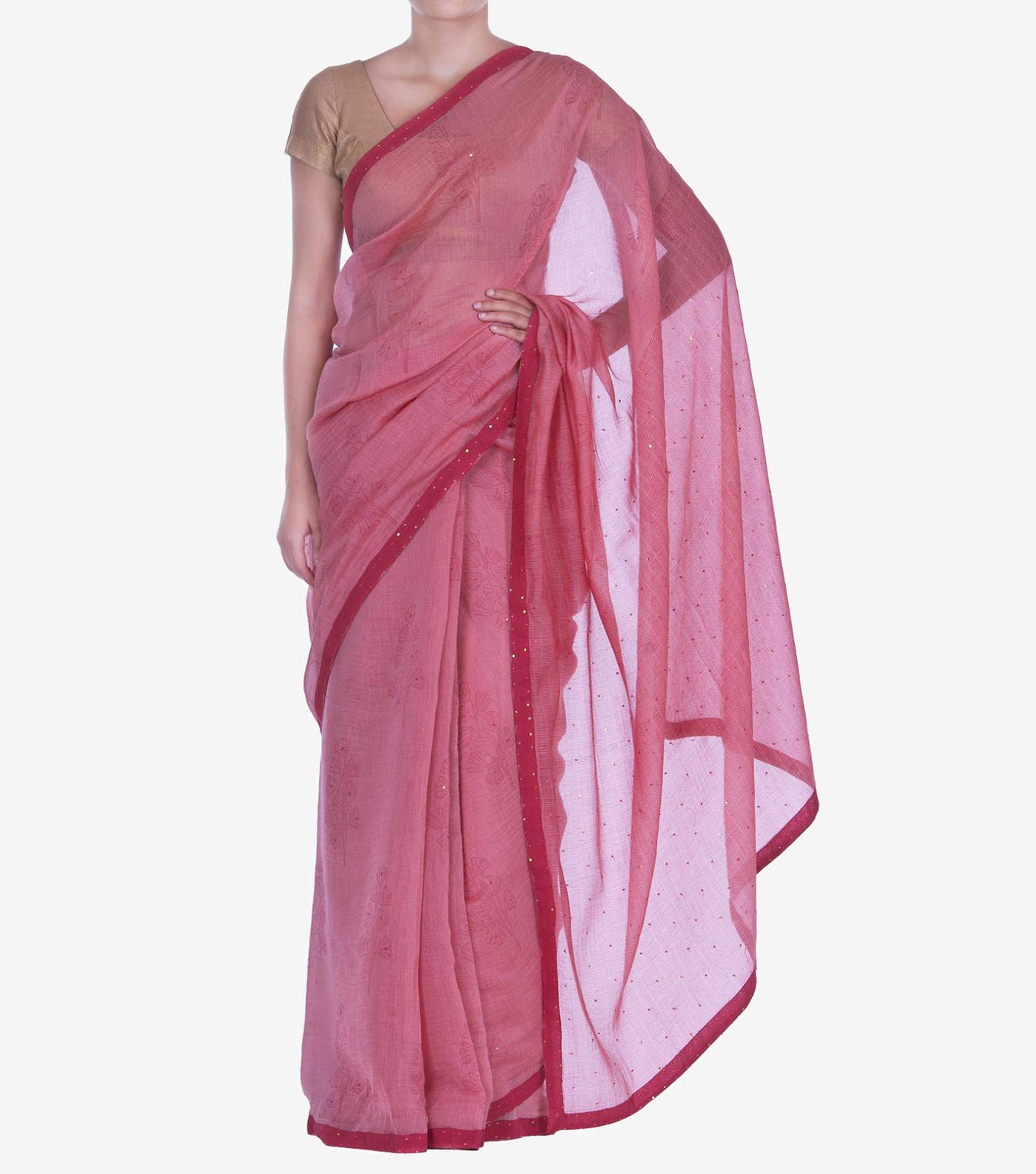 Pink Handblock Printed Chanderi Saree