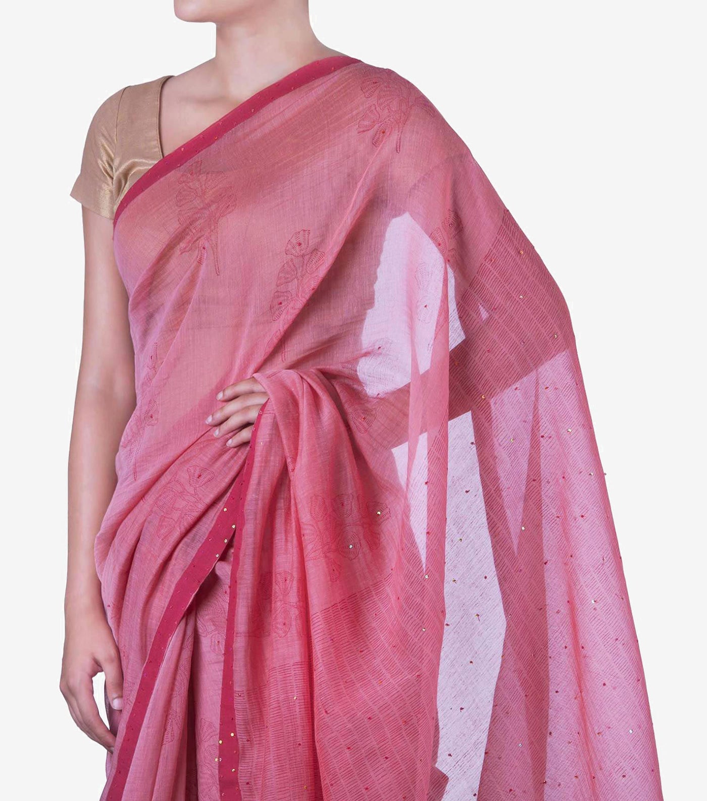 Pink Handblock Printed Chanderi Saree