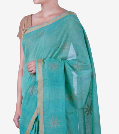 Turquoise Handwoven Cotton Saree