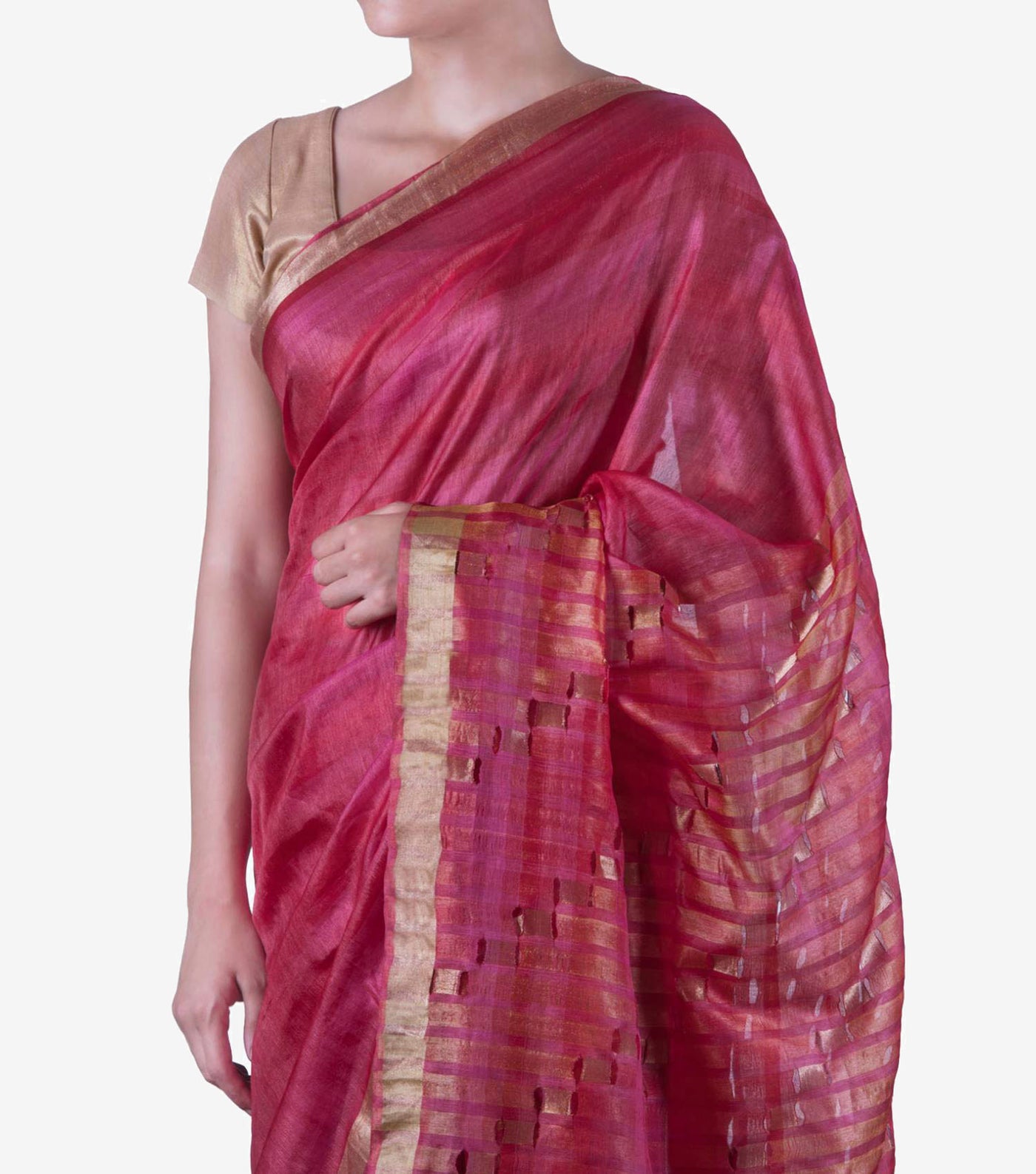 Redish-Pink handwoven Cotton jamdani Saree