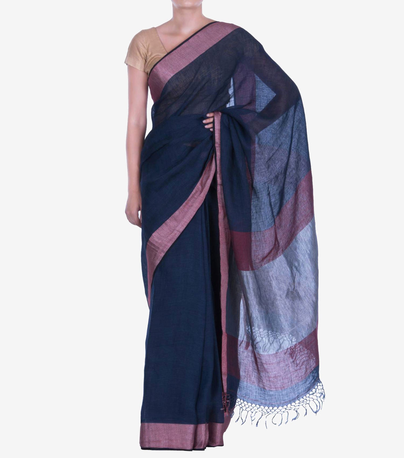 Navy blue handwoven Linen Saree