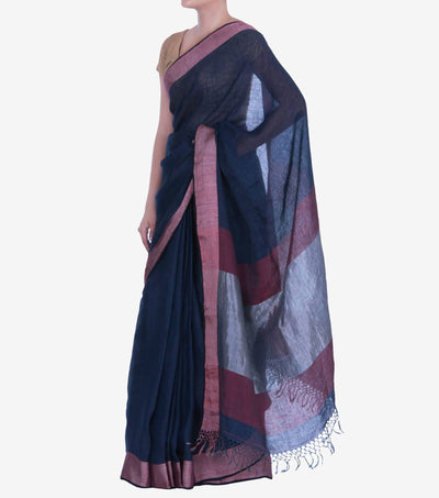 Navy blue handwoven Linen Saree