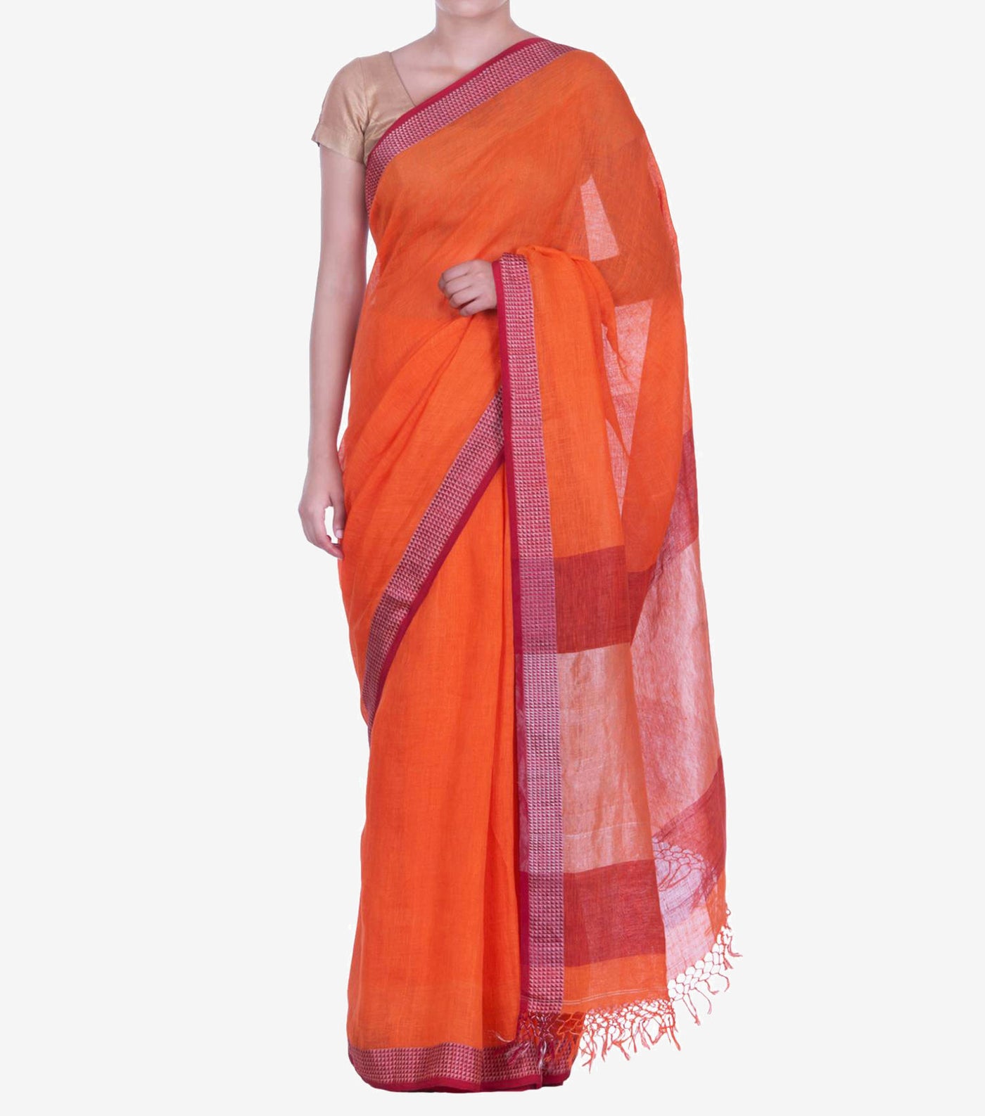 Orange Handwoven Linen Saree