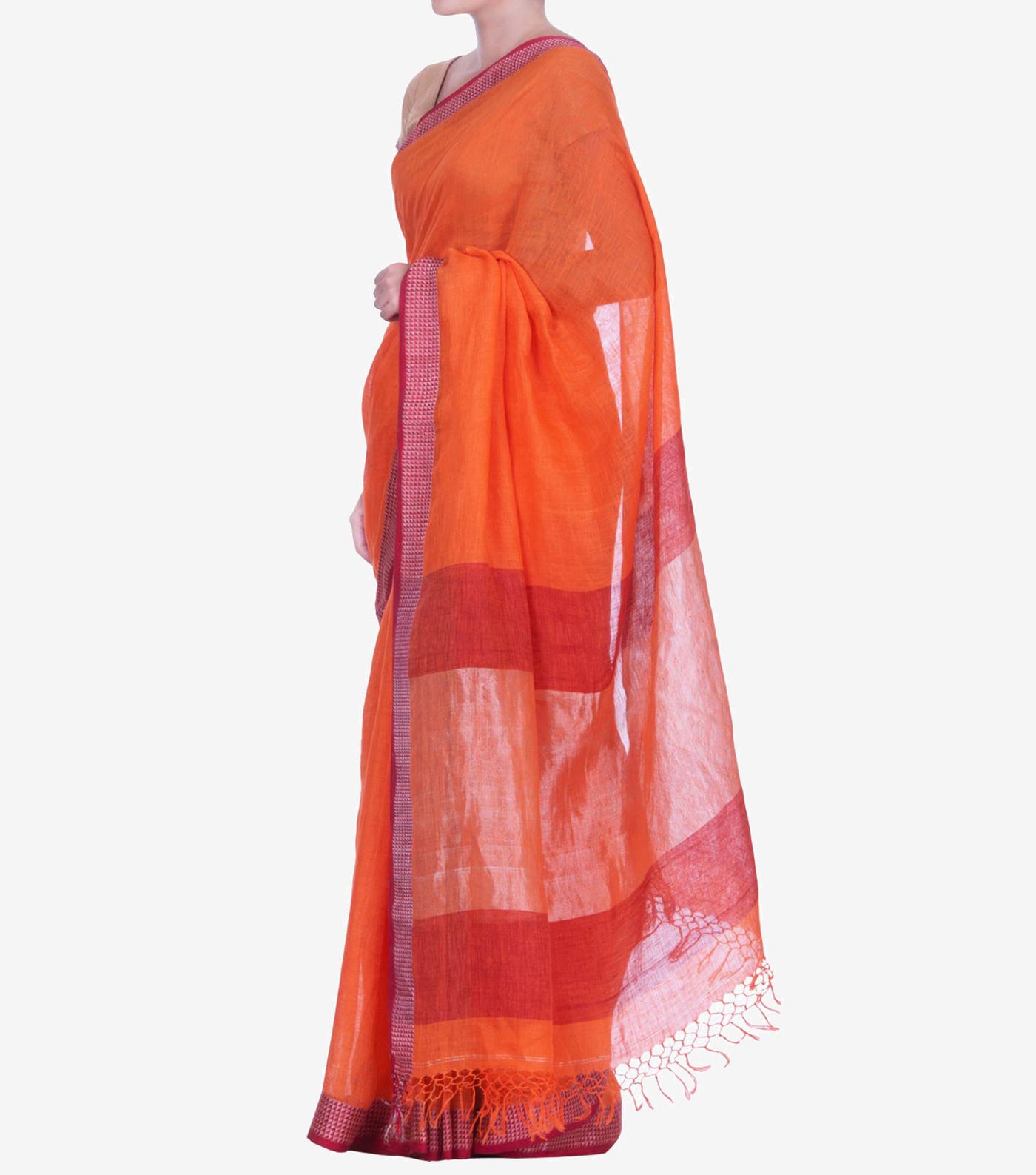 Orange Handwoven Linen Saree