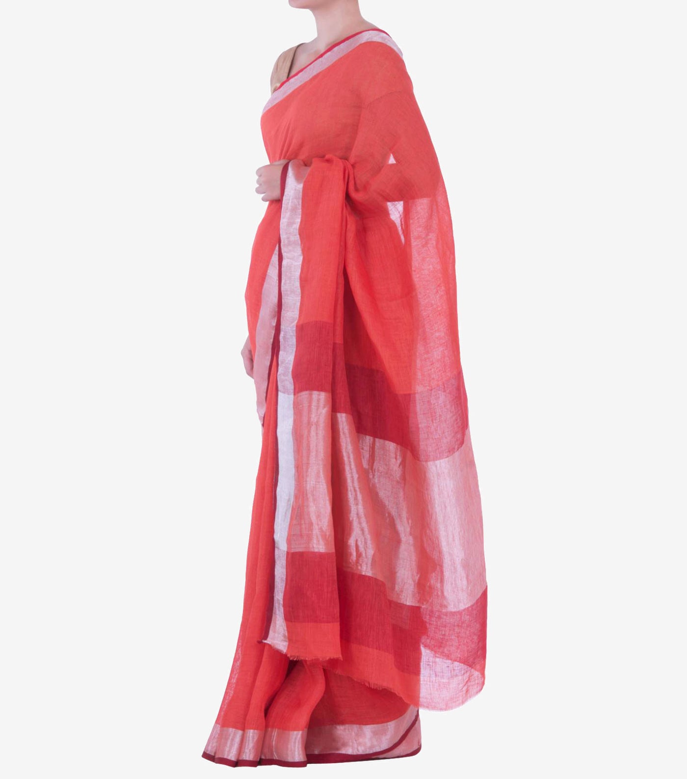 Coral Handwoven Linen Saree