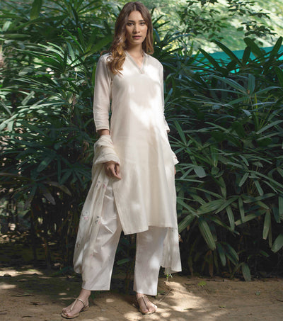 White Cotton Silk Kurta & Pallazo Pants Set