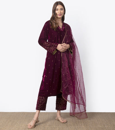 Wine Velvet embroidered suit Set