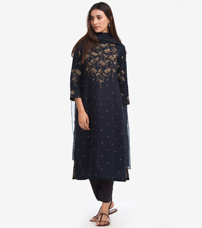 Navy Blue Embroidered Linen Suit Set