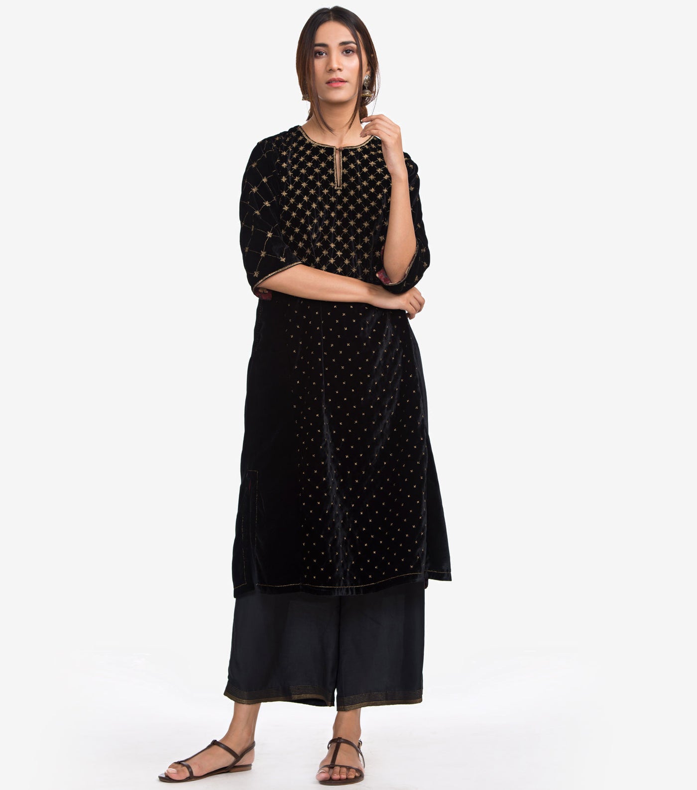 Black Velvet Zari Embroidered Kurta & Viscose Palazzo Pants Set