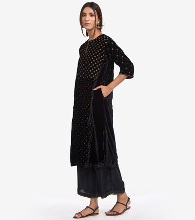 Black Velvet Zari Embroidered Kurta & Viscose Palazzo Pants Set