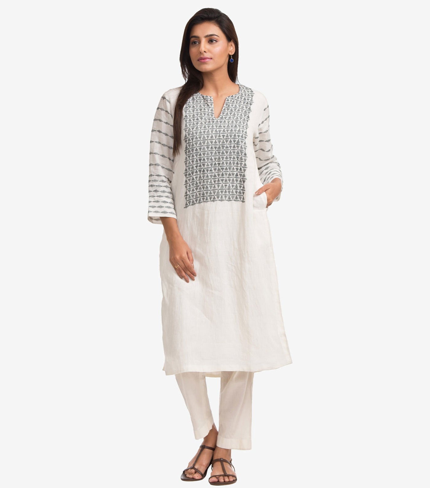 White Linen Embroidered Kurta