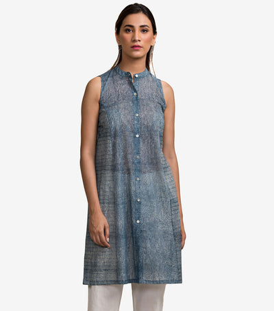 Aqua Straight Short Printed Cotton Kurta with Slip