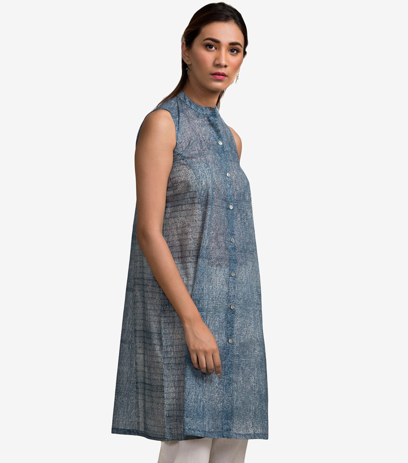 Aqua Straight Short Printed Cotton Kurta with Slip