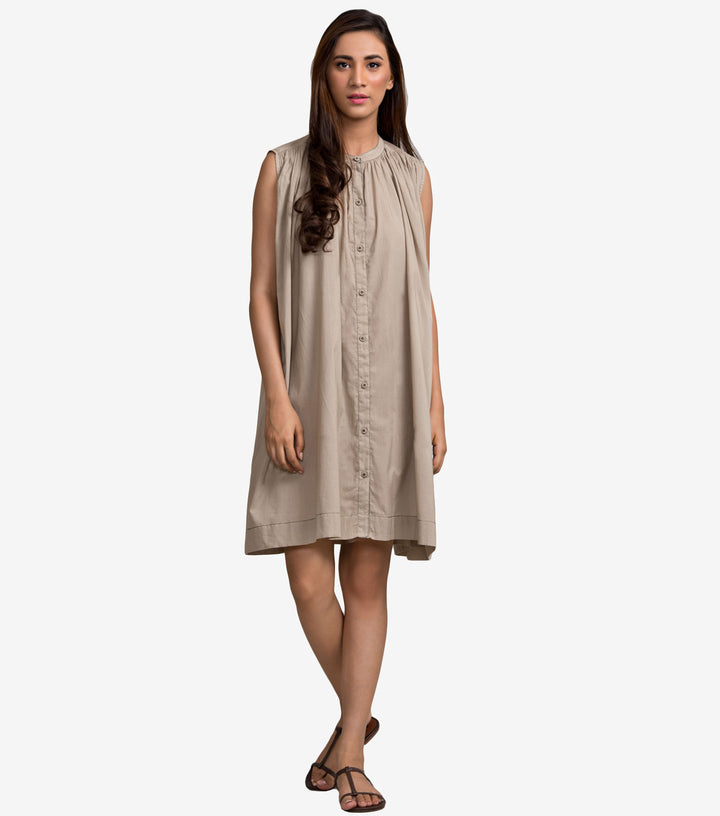 Beige Solid Fine Cotton Dress