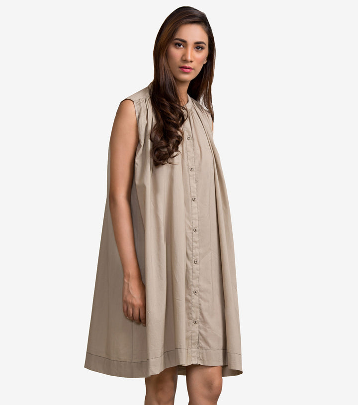 Beige Solid Fine Cotton Dress