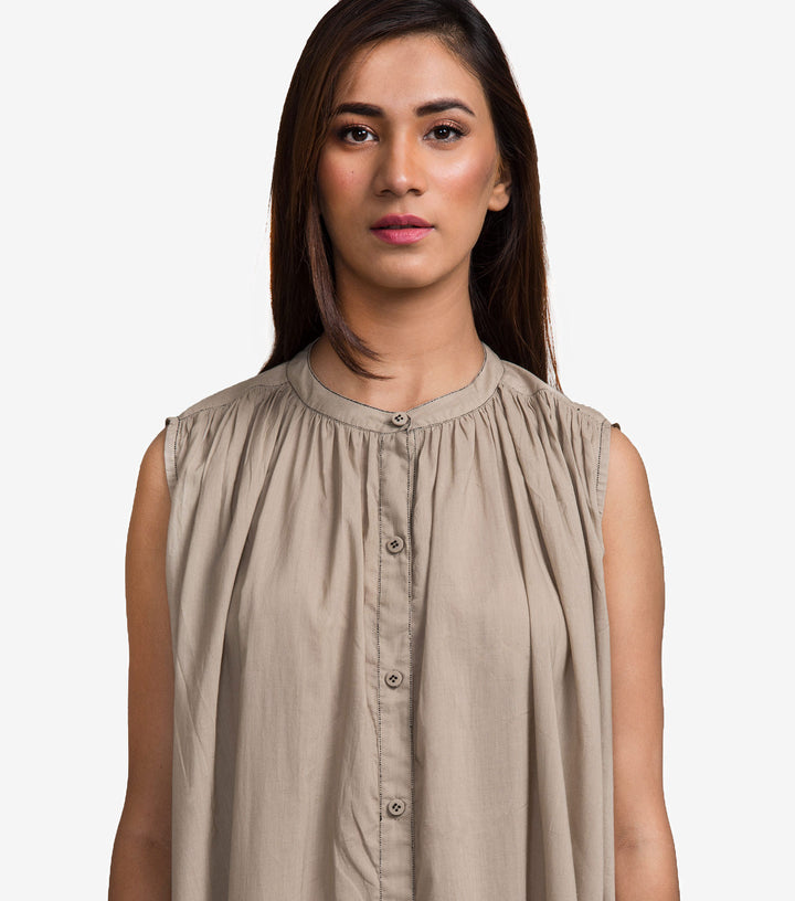 Beige Solid Fine Cotton Dress