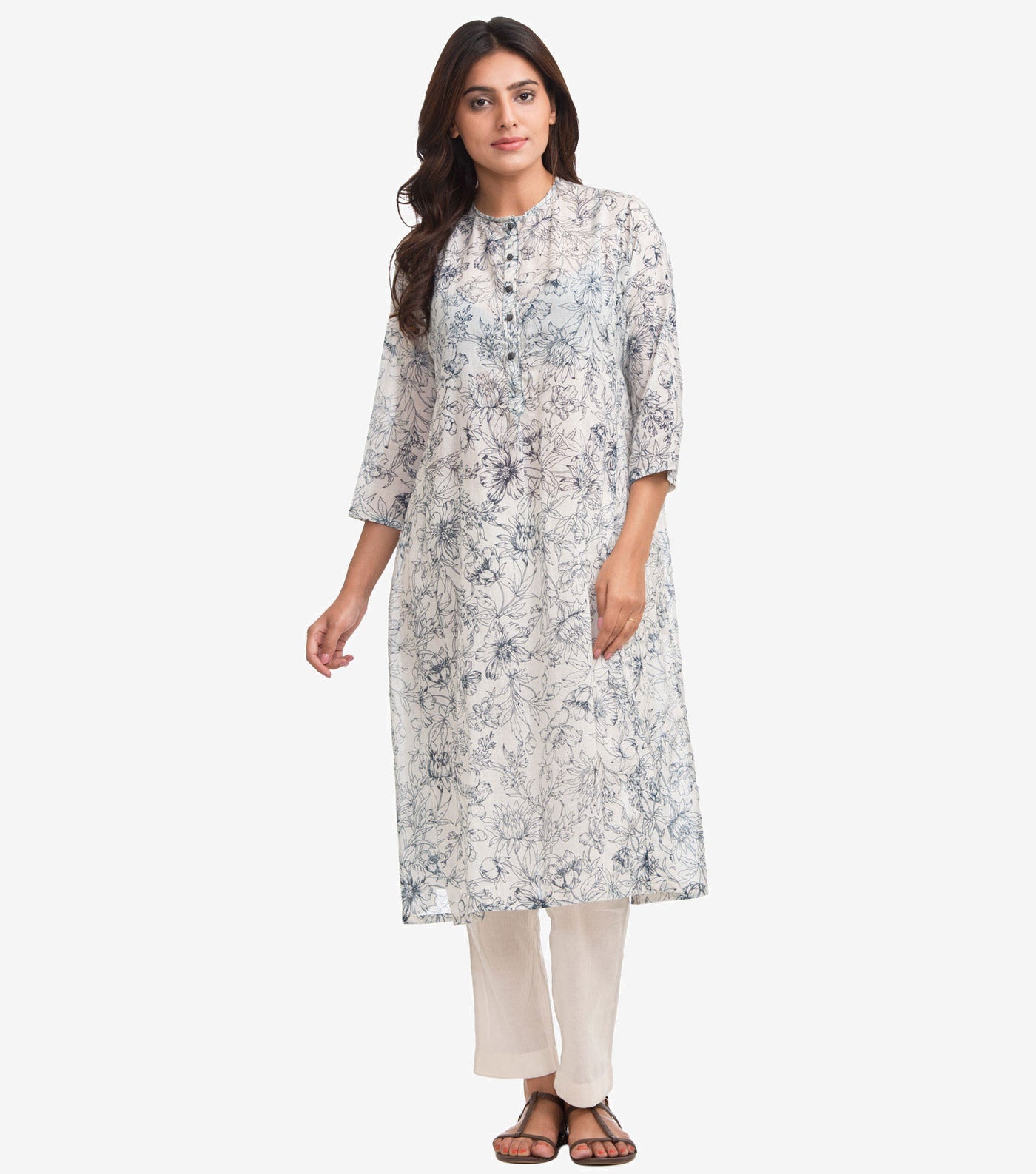 White Printed Cotton A-Line Kurta